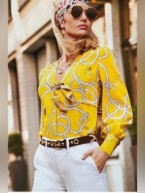 Cabi vibrant yellow nautical rope anchor print flowy reef knot boss babe top SM